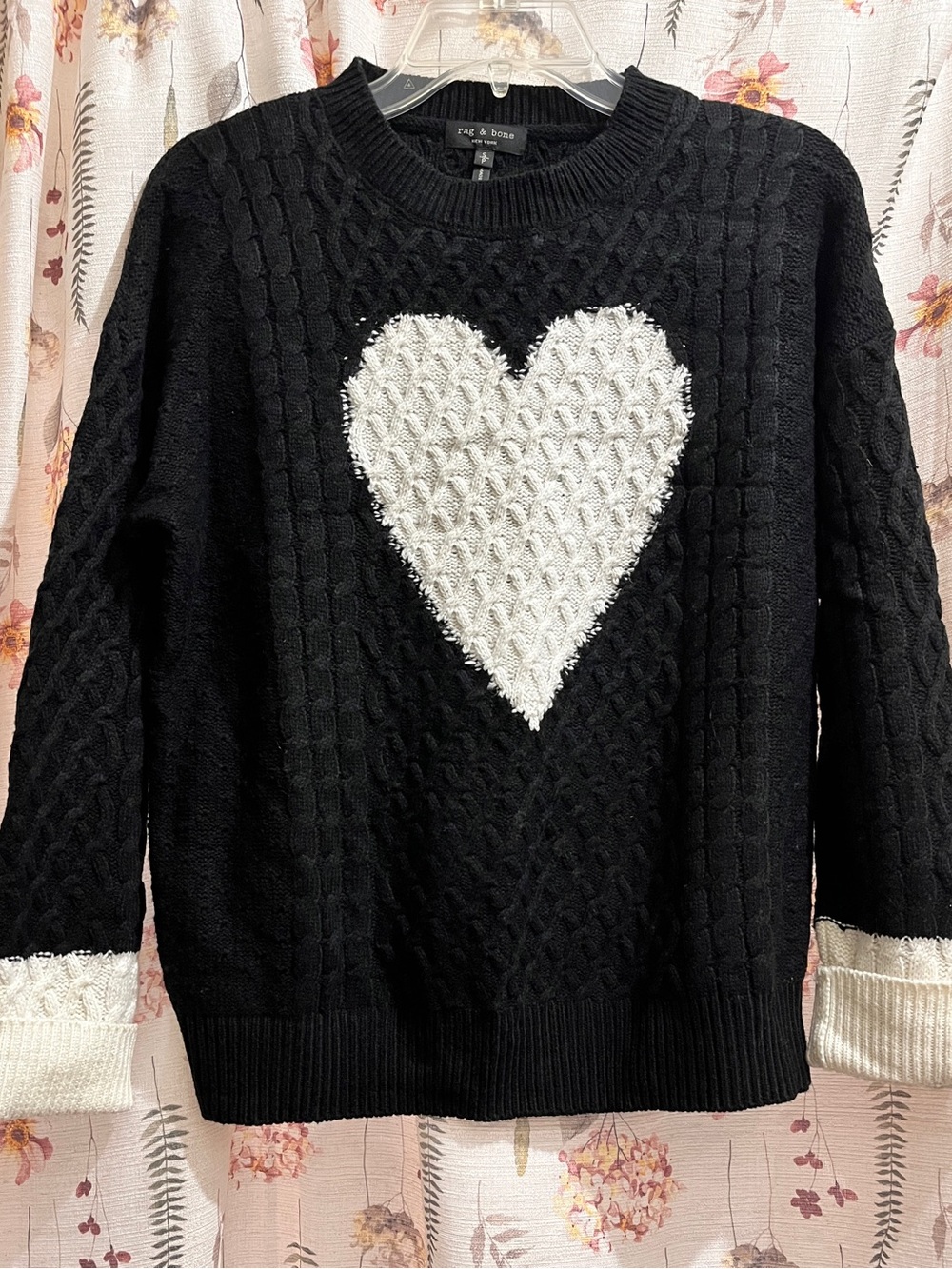 rag & bone Black Crewneck Cable Sweater with White Heart